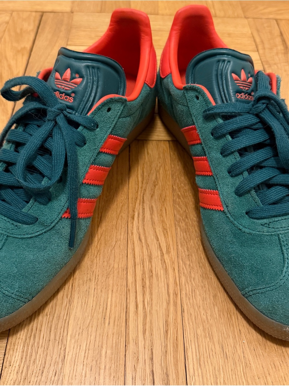 Adidas Unisex Gazelle Green Suede Sneakers with orange Stripes